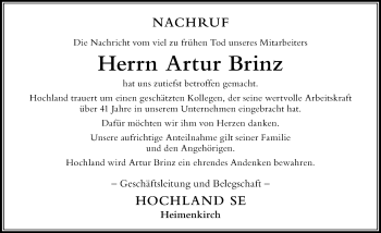Traueranzeige von Artur Brinz von Der Westallgäuer