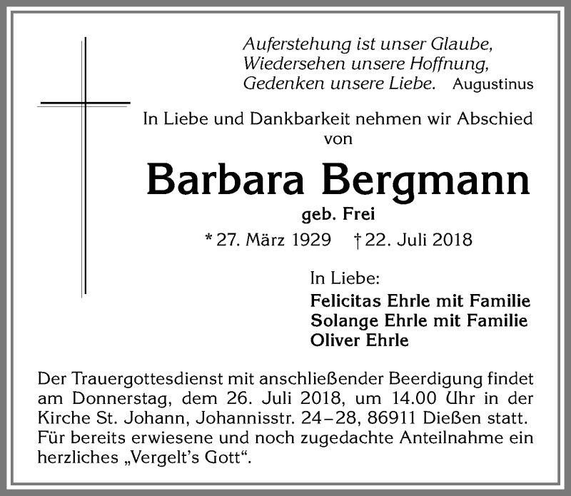  Traueranzeige für Barbara Bergmann vom 24.07.2018 aus Allgäuer Zeitung, Marktoberdorf