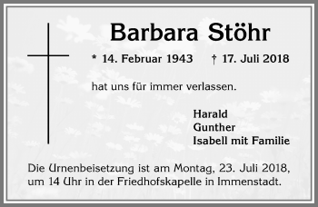 Traueranzeige von Barbara Stöhr von Allgäuer Anzeigeblatt