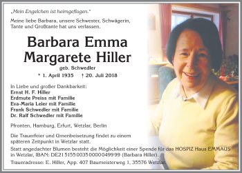 Traueranzeige von Barbara Emma Margarete Hiller von Allgäuer Zeitung, Füssen