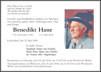 Traueranzeige von Benedikt Hane von Der Westallgäuer