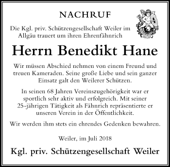Traueranzeige von Benedikt Hane von Der Westallgäuer
