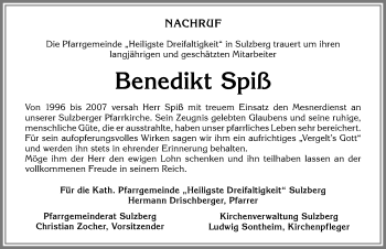 Traueranzeige von Benedikt Spiß von Allgäuer Zeitung,Kempten