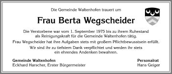 Traueranzeige von Berta Wegscheider von Allgäuer Zeitung,Kempten