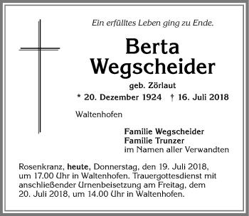 Traueranzeige von Berta Wegscheider von Allgäuer Zeitung,Kempten