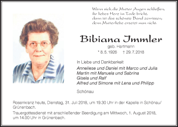 Traueranzeige von Bibiana Immler von Der Westallgäuer