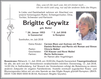 Traueranzeige von Brigitte Geywitz von Allgäuer Anzeigeblatt