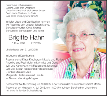 Traueranzeige von Brigitte Hahn von Der Westallgäuer