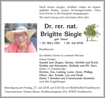 Traueranzeige von Brigitte Siegle von Allgäuer Zeitung, Kaufbeuren/Buchloe