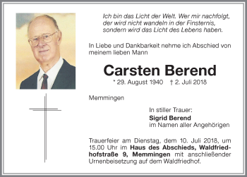 Traueranzeige von Carsten Berend von Memminger Zeitung