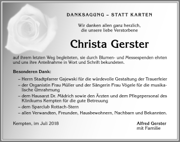 Traueranzeige von Christa Gerster von Allgäuer Zeitung,Kempten