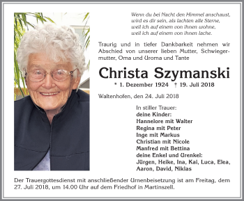 Traueranzeige von Christa Szymanski von Allgäuer Zeitung,Kempten