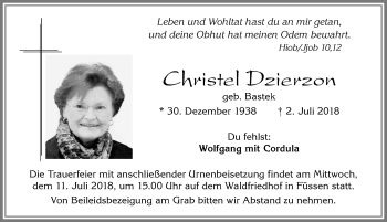 Traueranzeige von Christel Dzierzon von Allgäuer Zeitung