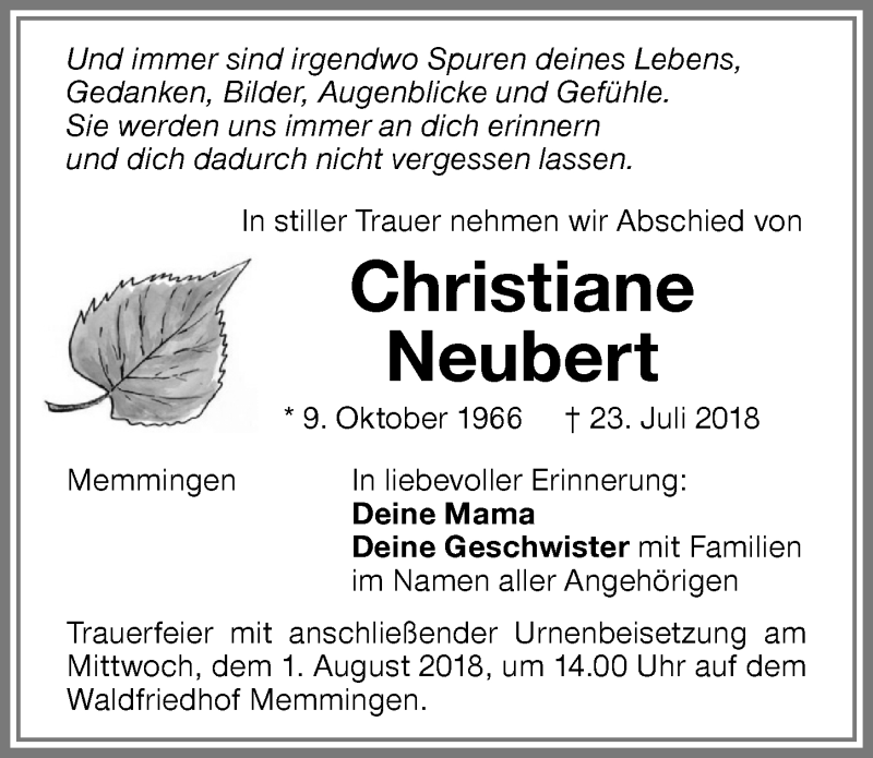  Traueranzeige für Christiane Neubert vom 28.07.2018 aus Memminger Zeitung