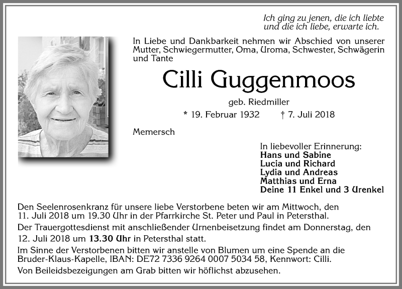  Traueranzeige für Cilli Guggenmoos vom 10.07.2018 aus Allgäuer Zeitung,Kempten