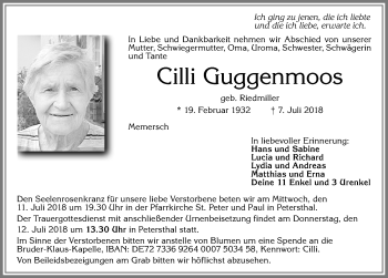 Traueranzeige von Cilli Guggenmoos von Allgäuer Zeitung,Kempten