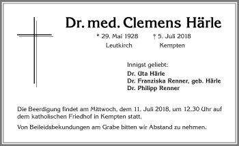 Traueranzeige von Clemens Härle von Allgäuer Zeitung,Kempten