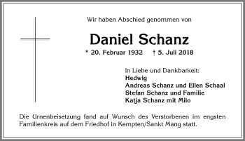 Traueranzeige von Daniel Schanz von Allgäuer Zeitung,Kempten