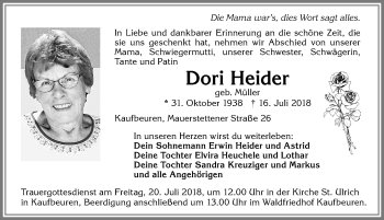 Traueranzeige von Dori Heider von Allgäuer Zeitung