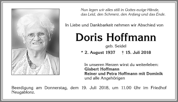 Traueranzeige von Doris Hoffmann von Allgäuer Zeitung, Kaufbeuren/Buchloe