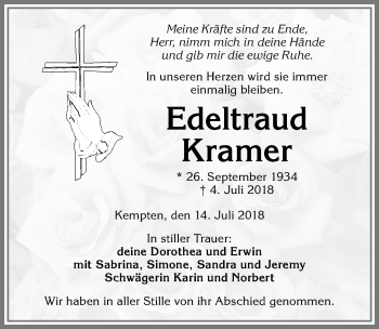 Traueranzeige von Edeltraud Kramer von Allgäuer Zeitung,Kempten
