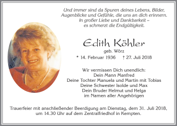 Traueranzeige von Edith Köhler von Allgäuer Zeitung,Kempten