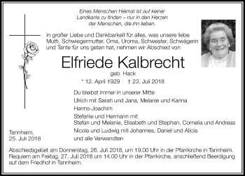 Traueranzeige von Elfriede Kalbrecht von Memminger Zeitung