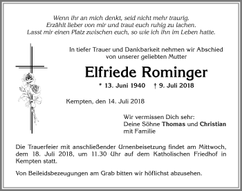 Traueranzeige von Elfriede Rominger von Allgäuer Zeitung,Kempten