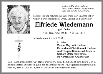 Traueranzeige von Elfriede Wiedemann von Allgäuer Zeitung, Marktoberdorf