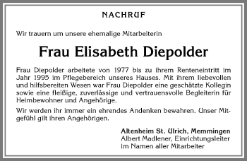 Traueranzeige von Elisabeth Diepolder von Memminger Zeitung