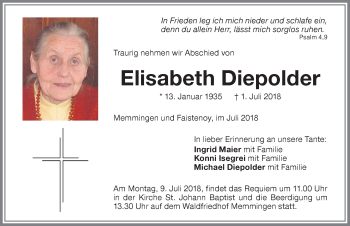 Traueranzeige von Elisabeth Diepolder von Memminger Zeitung