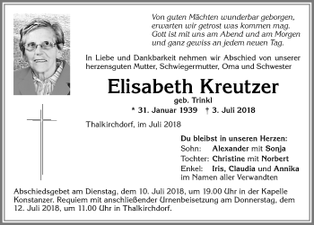 Traueranzeige von Elisabeth Kreutzer von Allgäuer Anzeigeblatt
