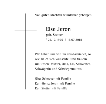 Traueranzeige von Else Jeron von Memminger Zeitung