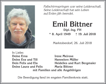 Traueranzeige von Emil Bittner von Allgäuer Zeitung, Marktoberdorf