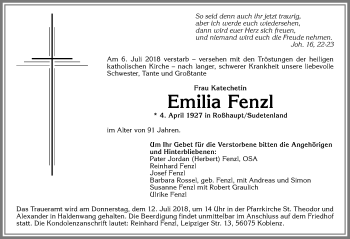 Traueranzeige von Emilia Fenzl von Allgäuer Zeitung,Kempten