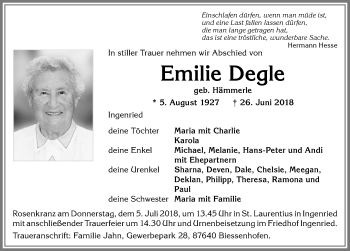 Traueranzeige von Emilie Degle von Allgäuer Zeitung, Kaufbeuren/Buchloe