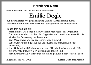 Traueranzeige von Emilie Degle von Allgäuer Zeitung, Kaufbeuren/Buchloe