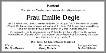 Traueranzeige von Emilie Degle von Allgäuer Zeitung, Kaufbeuren/Buchloe