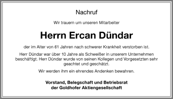 Traueranzeige von Ercan Dündar von Memminger Zeitung