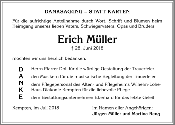 Traueranzeige von Erich Müller von Allgäuer Zeitung,Kempten