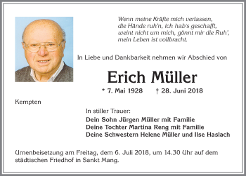 Traueranzeige von Erich Müller von Allgäuer Zeitung,Kempten