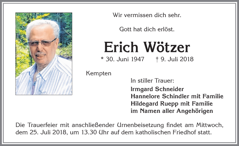  Traueranzeige für Erich Wötzer vom 21.07.2018 aus Allgäuer Zeitung,Kempten