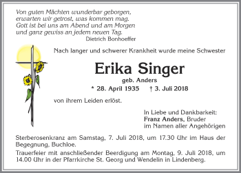 Traueranzeige von Erika Singer von Allgäuer Zeitung, Kaufbeuren/Buchloe