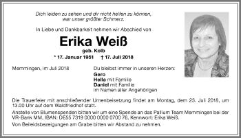 Traueranzeige von Erika Weiß von Memminger Zeitung