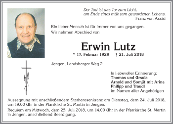 Traueranzeige von Erwin Lutz von Allgäuer Zeitung, Kaufbeuren/Buchloe