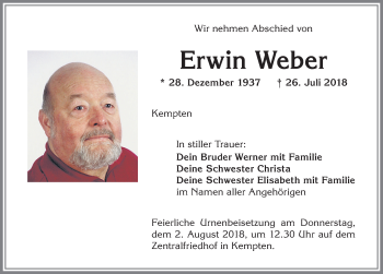 Traueranzeige von Erwin Weber von Allgäuer Zeitung,Kempten