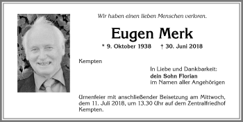 Traueranzeige von Eugen Merk von Allgäuer Zeitung,Kempten