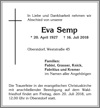 Traueranzeige von Eva Semp von Allgäuer Anzeigeblatt