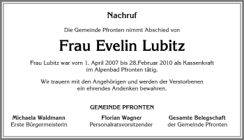 Traueranzeige von Evelin Lubitz von Allgäuer Zeitung, Füssen