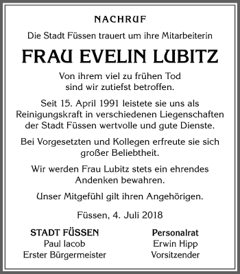 Traueranzeige von Evelin Lubitz von Allgäuer Zeitung, Füssen
